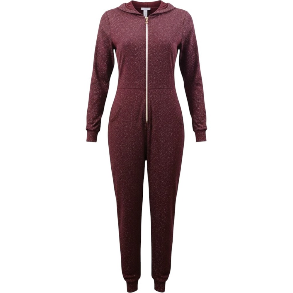 Savage X Fenty Womens Burgundy Shimmer Hooded Zip Front Jumpsuit Small
